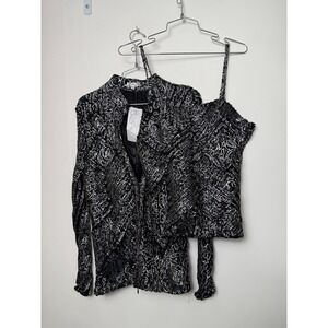 Obstinee Black Silver Metallic‎ Abstract Print Ruched Mesh Jacket Top Set